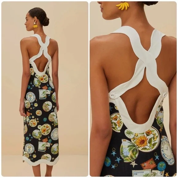 New! FARM RIO Souvenir Wave Midi Linen Dress 🧳☀️🌊 XS NWT! - Picture 3 of 16